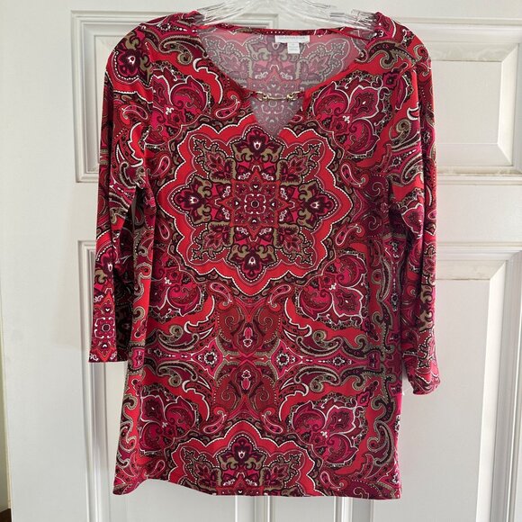 Charter Club Womens V-Neck Red Paisley Tunic Dress With 3/4 Sleeves - Picture 4 of 6